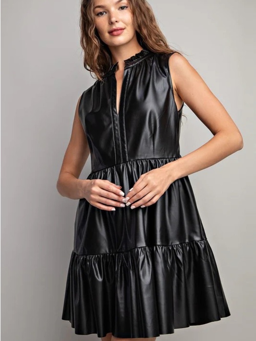 Fate Sleeveless Black Faux Leather Tiered Mini Dress